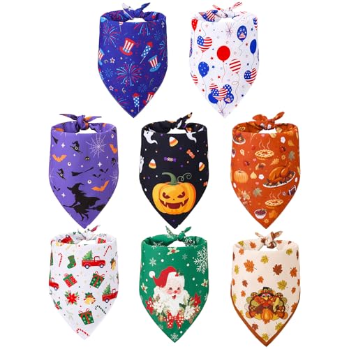 Guiqulai 8 Packs Holiday Dog Bandanas Independence Day Halloween Thanksgiving Christmas Pet Bandanas Adjustable Daily Reversible Festival Triangle Scarves for Dogs Costume