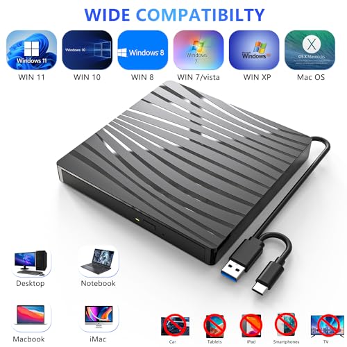 QDSYLQ External CD/DVD Drive for Laptop, USB C Portable CD DVD +/-RW Burner Optical Drive Reader Writer DVD Player for Laptop iMac PC Desktop MacBook, Windows 11/10/8/7/XP/Linux/MacOS Schwarz by QDSYLQ - Image 2