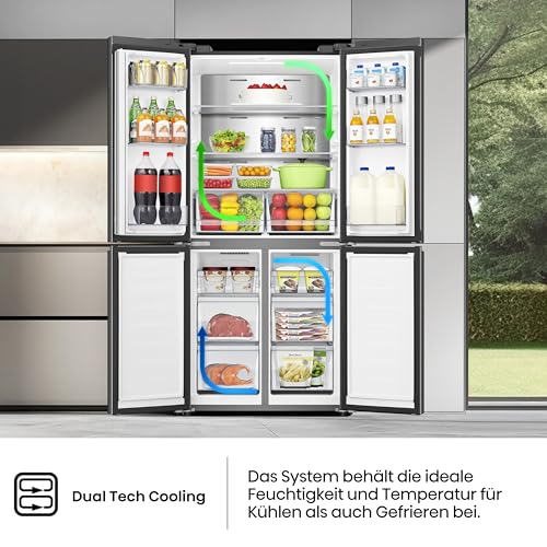 Hisense RQ5P470SAFD Cross-Door Kühl-Gefrier-Kombination, 304 Liter Kühlteil, 179 Liter Gefrierteil, Total NoFrost, Wifi, Multi AirFlow, FastFreeze, Energieeffizienzklasse D, 178,5cm x 79,4cm, schwarz