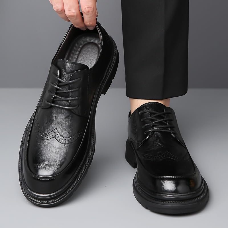 Men's Trends Leather Platform Lace Up Lug Sole Oxford Mens Classic Round Toe Chunky Heel Comfort Business Dress Shoes Men Slip On Casual Formal Work Derby Shoes(Black,6.5)3