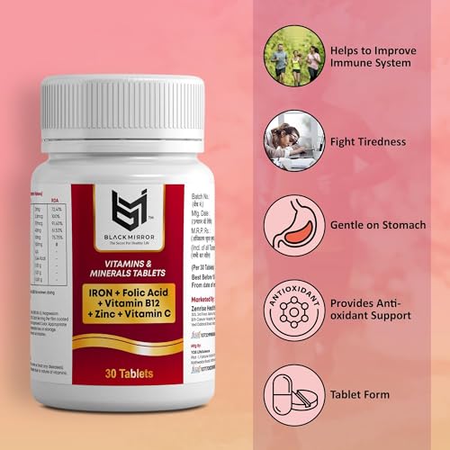 Image of BLACK MIRROR IRON B12 FOLIC ACID VIT C FOR HEALTHY BLOOD ENERGY, STAMINA, IMMUNITY (30 iron 30 calcium, 60, count)