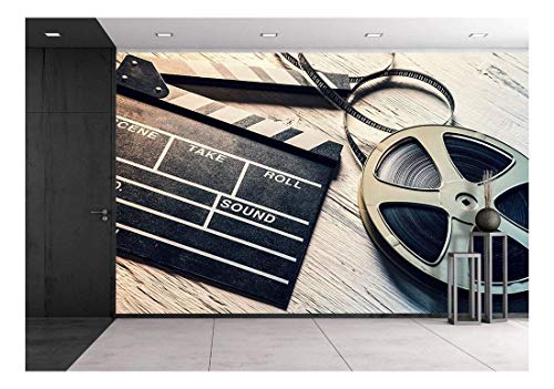 wall26 - Film Camera Chalkboard and roll on Wooden Table - Removable Wall Mural | Self-Adhesive Large Wallpaper - 100x144 inches