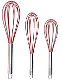 Silicone Whisk Set of 3 - Stainless Steel & Silicone Kitchen Utensils for Blending, Whisking, Beating & Stirring - (Blue: 12-inch, Red: 10-inch & Green: 8.5-inch) (Red)