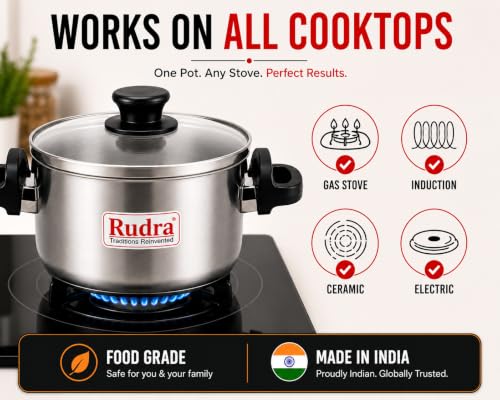 Image of RUDRA Stainless Steel Rice Cooker & Steamer with Glass Lid & Strainer Lid | Induction Base | Clip Lock Handles | Multipurpose Cooking Pot for Rice, Pasta, Vegetables, Noodles