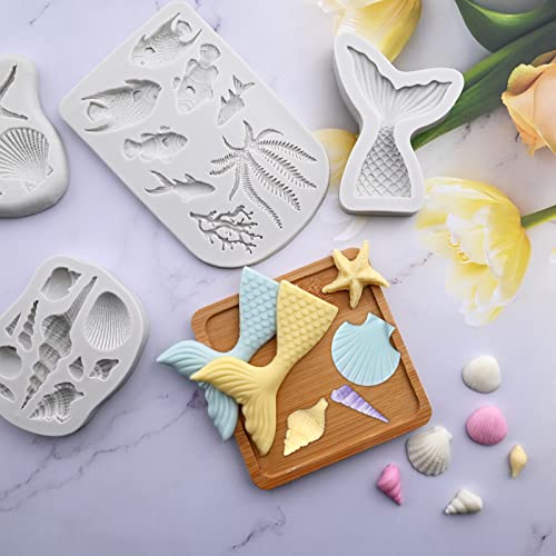 Image of Sakolla 4 Pcs Marine Theme Silicone Fondant Molds, Mermaid Tail Seashell Conch Starfish Shape Silicone Molds for Cake Decoration, Chocolate, clay, Crafting