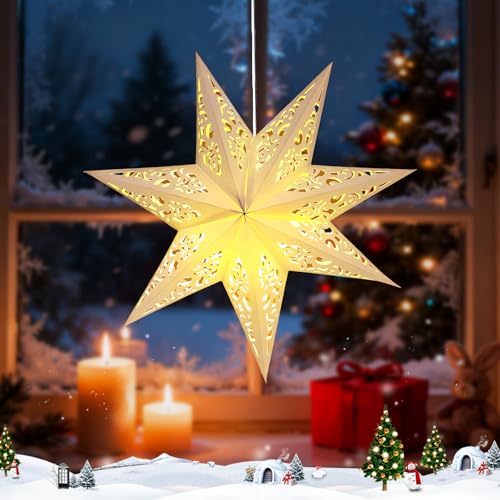 Estrellas Navidad, Estrella de Navid-ad Plegable con LED, Decoración Navideña Decorações de Natal Linterna de Papel, Ideal para Navidad, Bodas & Fiestas de Cumpleaños (Blanco)
