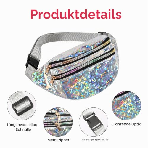 FASBET Bauchtasche Silber Metallic mit Schmetterling Deko, Bauchtasche Mädchen Damen 80er Jahre Karneval Festival Glitzer Bunt Tasche – Ansicht 3