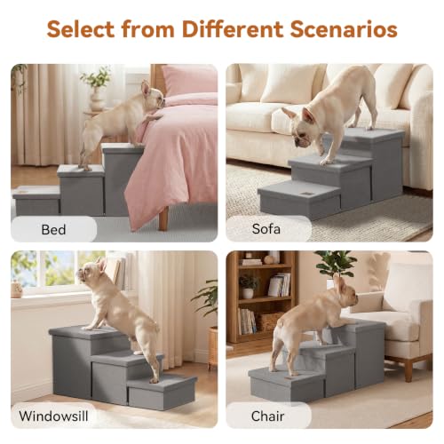 Image of Zerbuger Dog Stairs with Storage, Small Grey 3 Steps Dog Ramp no Condo | 18 inch H Wider Dog Steps for High Beds Couch, Folding Storage Pet Stairs Gift for Climbing Small /Medium /Large Old Dogs Cats