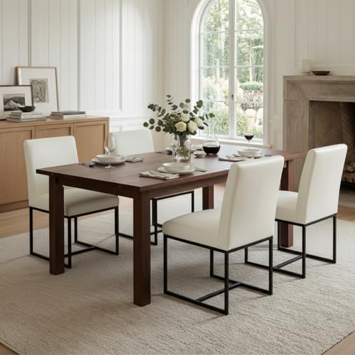 CIMOTA Cream Leather Dining Chairs Set of 4, Modern Dining Room Chairs Upholstered Armless Guest Side Chair with Black Base for Dining Room/Kitchen, Cream White 4PCS