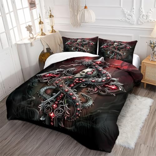 CCoutueChen Gothic Black Red Ruby Dragon Skull Twin Comforter Set, 2 Pcs Dark Horror Skeleton Lightweight Comforter with 1 Pillowcase, Ultra Soft Microfiber Fantasy Terror Bedding Set (68
