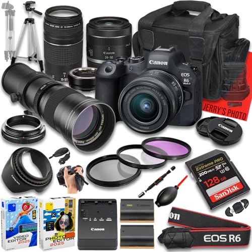 Image of Canon EOS R6 Mark II Mirrorless Camera with RF 24-50mm f/4.5-6.3 is STM and EF 75-300mm f/4-5.6 III & 420-800mm f/8 Lens + Mount Adapter + 128 GB Memory + Extra Battery + More (26pc Bundle) (Renewed)