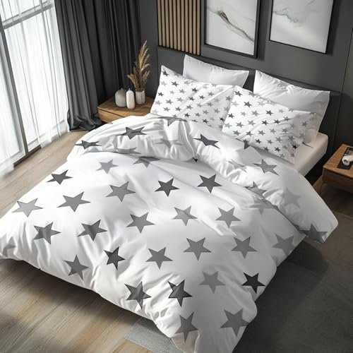 Generisch Bettwäsche Weiß Grau Sterne 2tlg, Deckenbezug 135x200, 1 Kissenbezug 80x80, Modern Stern Wendebettwäsche & Deko, Weiche Mikrofaser...