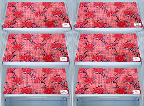 Image of Polyester 3-Layered Fridge Top Cover /Refrigerator Cover with Utility Pockets and Set of 6 Pc Fridge Mats (Color-Check Floral Red, Size-39x21 Inch)