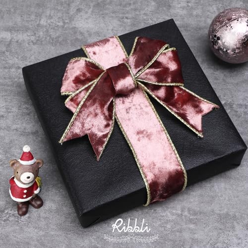 Image of Ribbli Rose Gold Velvet Wired Ribbon 1.5 Inch Metallic Rose Gold Crushed Velvet Christmas Ribbon for Gift Wrapping Christmas Tree Decoration Crafts Wreaths Supplies-Continuous 10 Yards