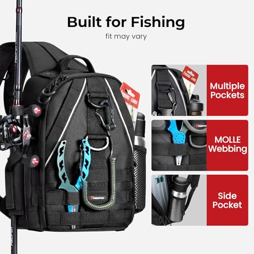 Image of Piscifun Fishing Backpack with Rod Holder, Lightweight Sling Bag Storge Gear and Equipment