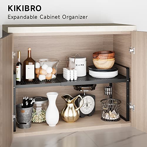 Kikibro Expandable Stack-Up Rack Counter Organizer Spice Cabinet Pantry Shelf Cupboard Stand Storage Shelves Bathroom Kitchen Dinning Study Room Accessories 80Lbs Heavy Duty Black Small 1 Pack #TOP4