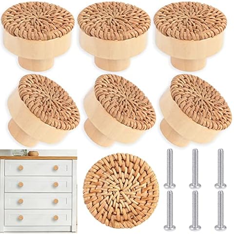 ETIUC 6pcs Rattan Drawer Knobs 1.57inch/40mm Boho Dresser Knobs Handmade Wood Cabinets Knobs Handles Hardware Woven Wicker Drawer Knobs for Kitchen Cabinets Dresser Pulls Furniture Knobs(Rattan) Cover