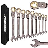 9-Piece SAE Flex-Head Ratcheting Combination Wrench Set - Premium 72-Teeth Gear Chrome Vanadium Nickel Plated with Organizer Bag