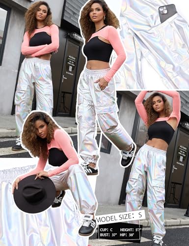 Perfashion Metallic Cargo Pants for Girls & Womens Hip Hop Dance Multi-Pocket Joggers High Waist Pants 6-15Y4