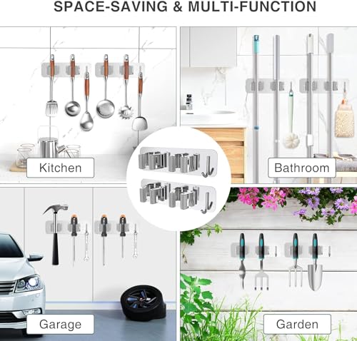 Image of Enclave Stainless Steel Mop and Broom Holder Wall Mounted Adhesive Storage Solutions for Broom mop etc, Garage Storage Systems Broom Organizer. (2 RACK 1 HOOK /SILVER, PACK OF 2)