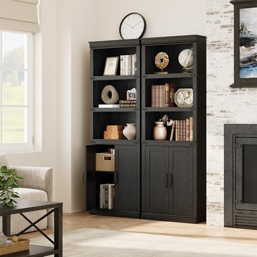GAOMON Farmhouse Bookcases with Doors, 5 Tier Bookshelf with Storage, 70 inch Tall Bookshelf and Bookcase, Wooden Storage Cabinet for Living Room, Home, Office, Bedroom (Black)