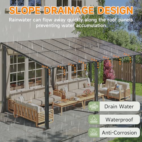 Image of 10x20FT Lean to Gazebo Pergola Patio Outdoor Pergolas Gazebos | Wall Mount Awnings with Sloped Roof Hardtop Gazebo with Aluminum Frame & Polycarbonate Panel for Backyard,Garden,Patio,Deck
