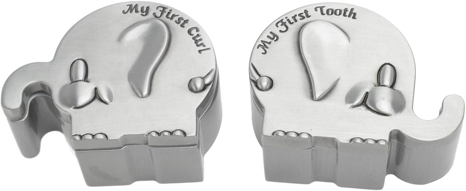 2 Pack Small Keepsake Box Elephant Shape Metal Storage Container with Velvet Cushion for Infant Tooth and First Curl, Engraved Gift Box for Newborn Baptism Birthday