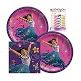 Disney Encanto Party Supplies Pack Serves 16: Round 7 inch Dessert Plates and Beverage Napkins with Birthday Candles - Bundle for 16