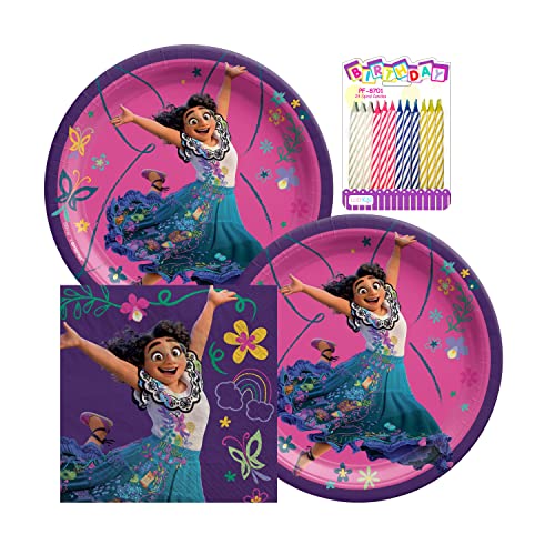 Disney Encanto Party Supplies Pack Serves 16: Round 7 inch Dessert Plates and Beverage Napkins with Birthday Candles - Bundle for 16