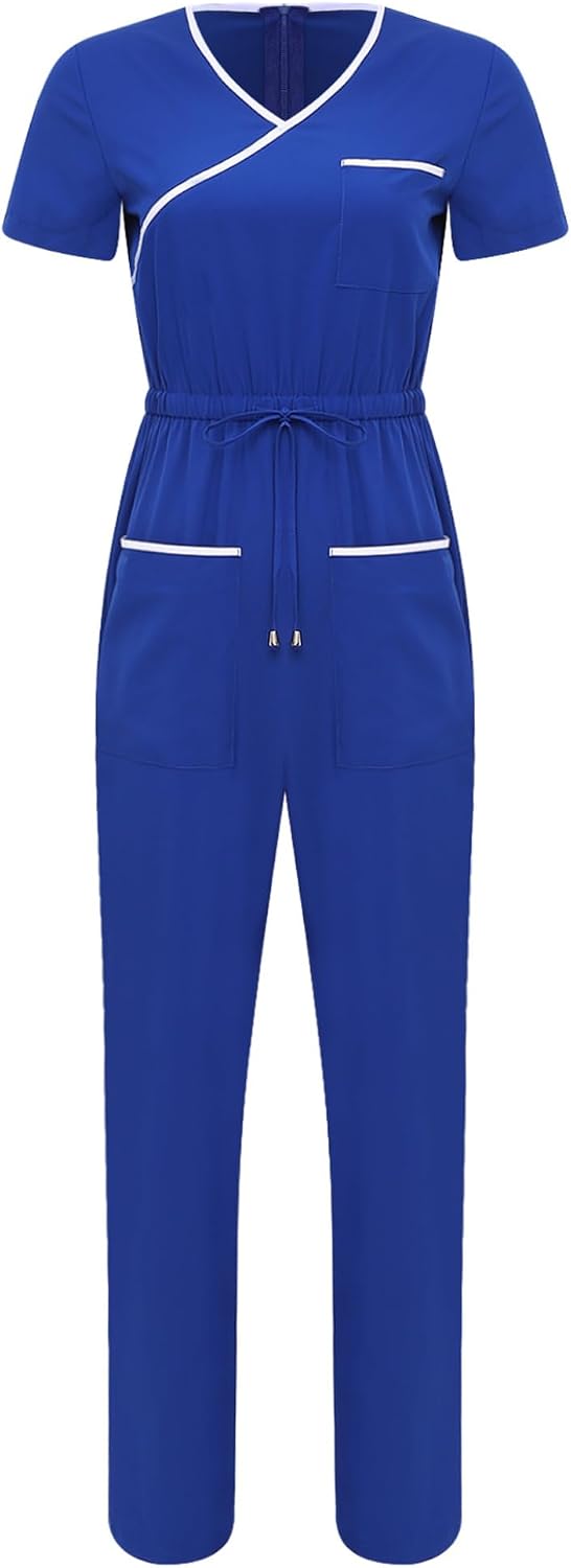 Women's Scrub Jumpsuit Short Sleeve Multi Pocket Workwear | One Piece Nursing Outfit with Adjustable Drawstring Waist for Clinics Dental Staff Care Teams and Daily Work