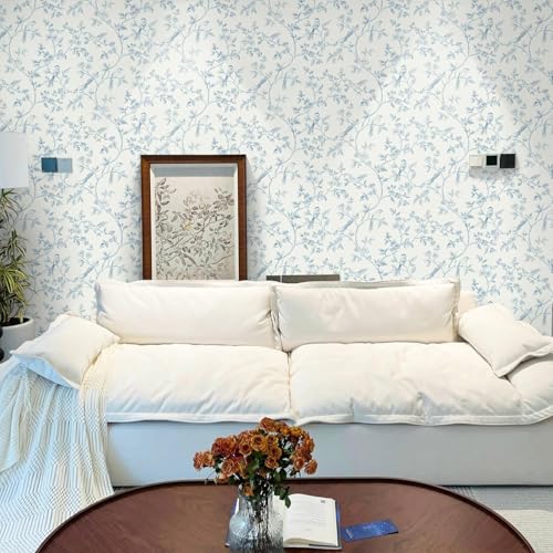 Yomshi Selbstklebende Tapete Blau 41cm x 10m Möbelfolie Blume und Vogel Wandtapete Abnehmbar Vinyl Klebefolie Wasserdicht Dekorfolie für Wohnzimmer Schlafzimmer