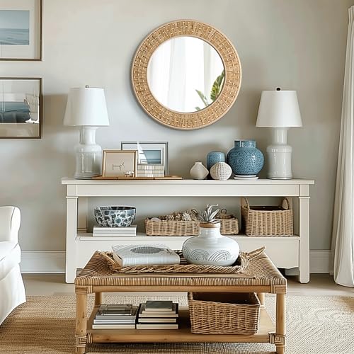 Barnyard Designs Woven Rattan Bathroom Mirror - Rustic Farmhouse Style Braided Wicker Wall Mirror - Handwoven Boho Décor for Bedroom, Entryway, Nursery (25.5", Round) - Image 3