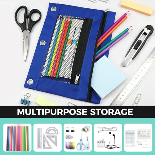 Image of 3 Ring Pencil Pouch for Binder, 2-Pocket Zipper Pencil Case with Clear Window & Mesh Pocket, 600D Oxford Fabric Binder Pouch for School Office Supplies, Fits Standard 3-Ring Binders, Blue