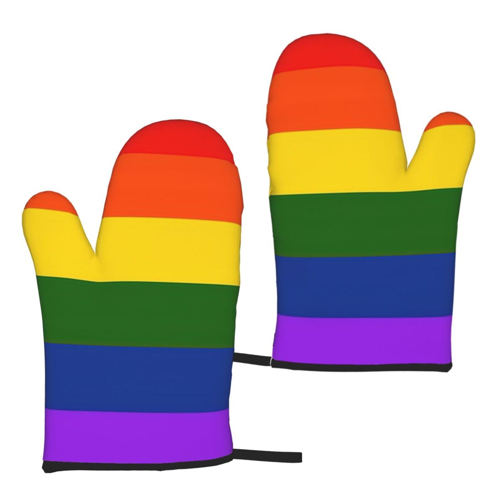 Nimongt Women's Black Rainbow Flag Print Adults Universal Fit Heat Resistant Oven Gloves Reusable Cooking Outdoor Grilling