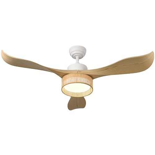 Eamonex 52 inches LED Bamboo DC Ceiling Fan with Light Fixture and Remote Control,Boho Wooden Bohemian Dimmable Rattan Wicker Fandelier for Indoor,Outdoor,Bedroom,Living room,Dining room - Bamboo brown