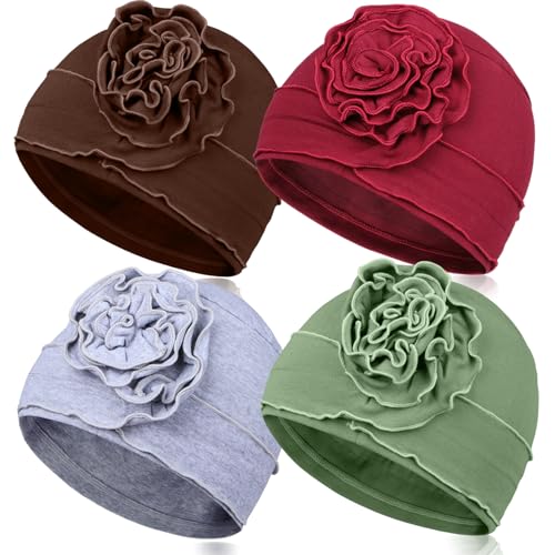 TSKNOMO Juego de 4 sombreros de quimioterapia para mujer, gorro de cáncer transpirable, gorro de quimioterapia elástico para mujeres con pérdida de cabello, Verde claro + marrón + vino rojo + gris