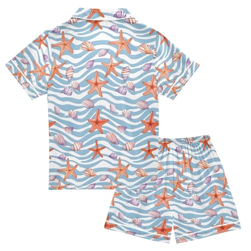 ALAZA Seashell Starfish Chevron Striped Pajamas Satin Pajama Set Short Sleeve Button Down Sleepwear2