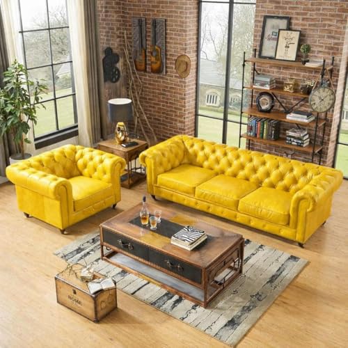 Image of Classic Leatherette Chester Sofa Set Button Tufted, Classic Style Sofa Set 3-Person Sofa for Living Room, Office, and Hallway Colour (Yellow, 3+1 = 4 Seater Sofa)