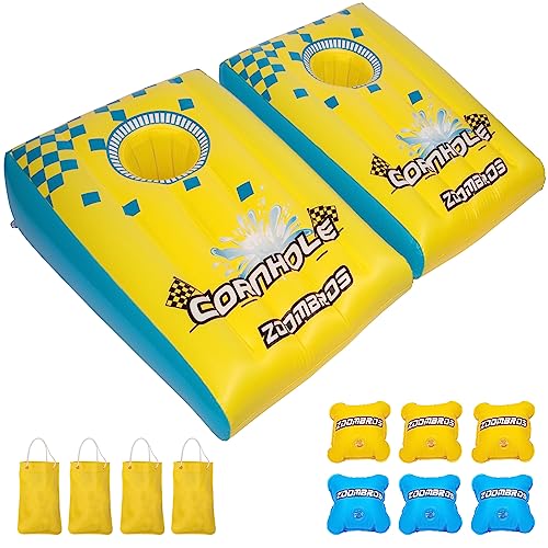ZOOMBROS Pool Cornhole 2 Sets, 6 Bean Bags Toss Games with 4 Anchor Bags, Inflatable Cornhole Game Floating Pool Toys for Adults Teens and Family (Yellow), Large