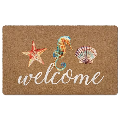 XLDLIOO Beach Seahorse Seashell Starfish Ocean Door Mat, Sea Coastal Welcome Front Door Mat Indoor Outdoor Entrance, Rustic Summer Artificial Coir Doormat Rugs for Beachy House Home Decor 30x17in