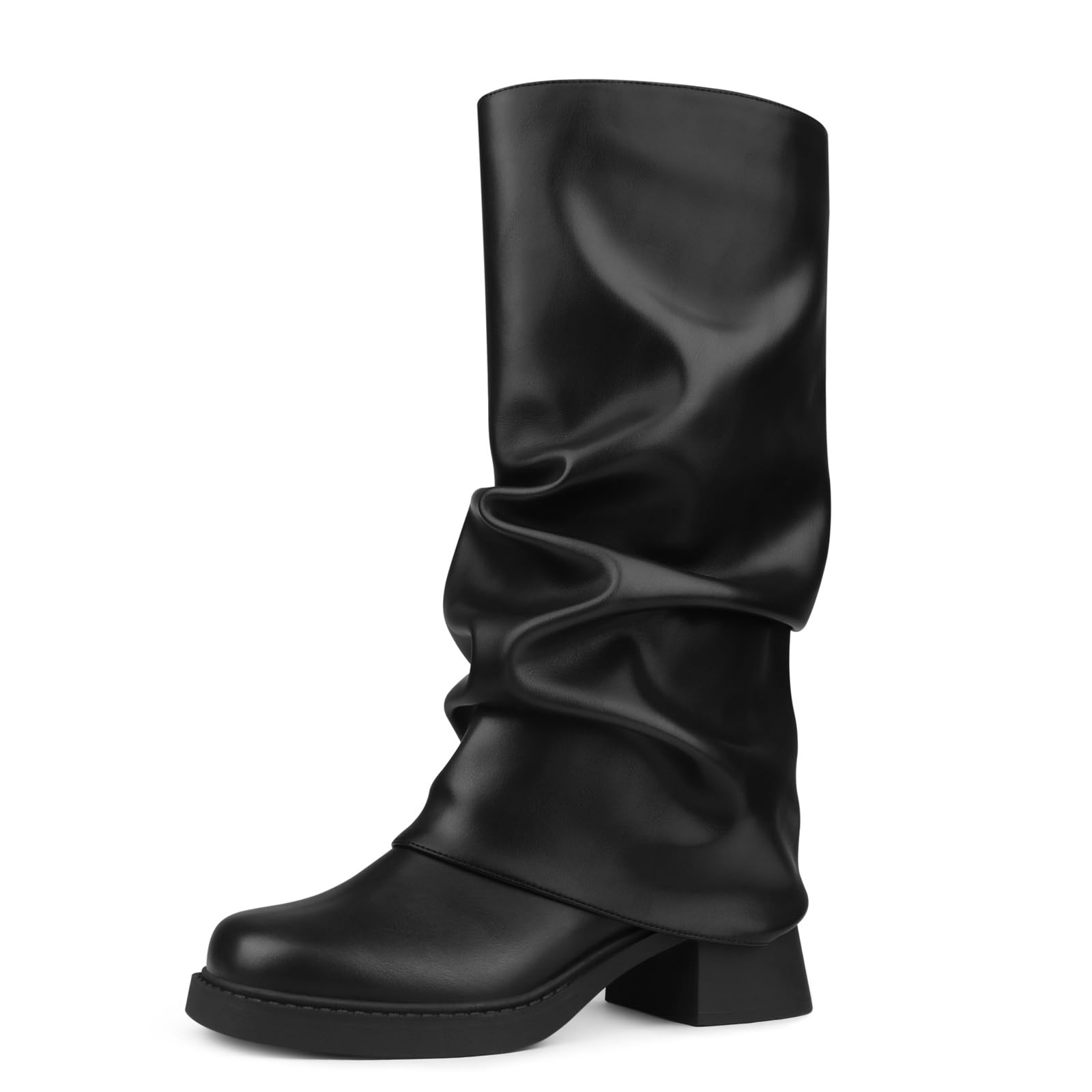 Fold Over Boots for Women Slouchy Booties Wide Calf Pleated Platform Boots Square Toe Chunky Stacked Motorcycle Riding