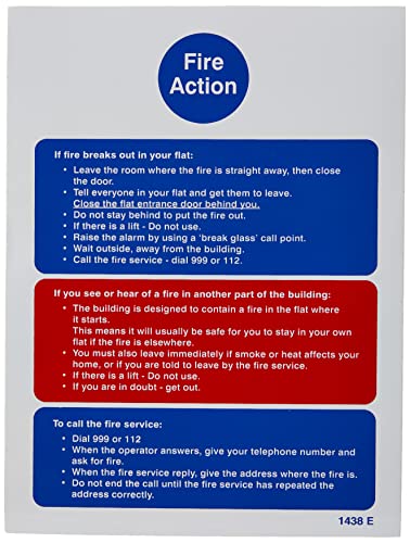 Caledonia Signs 21438E Fire Action Notice (Stay Put) for Flats Sign, Self Adhesive Vinyl, 200 mm x 150 mm