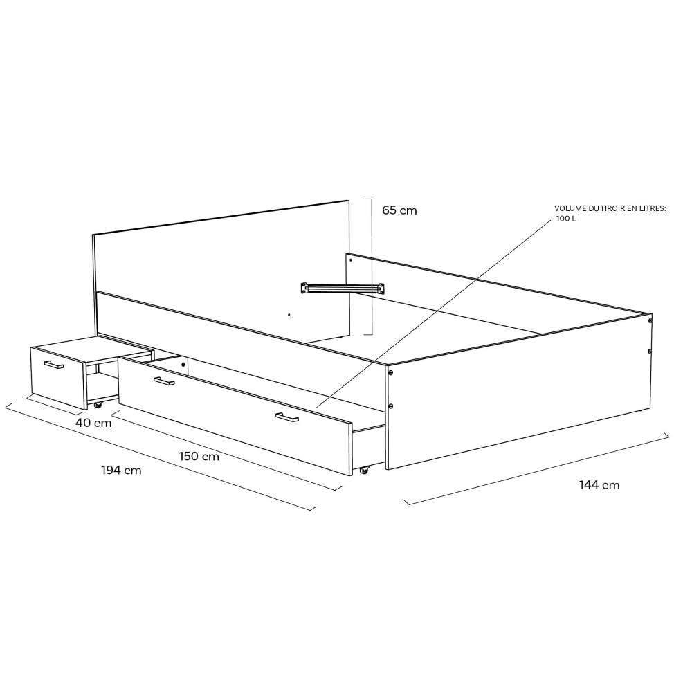 WEBER INDUSTRIES Lit Twist 140x190+ 1 Chevet + 1 tiroir/Décor Chêne Blanchi