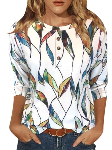 Womens Tops Casual 3/4 Sleeve Shirts Crew Neck Loose Casual Blouses Floral Print Tshirts