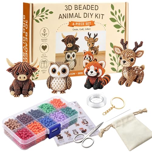 YADUO Tiny 3D Beaded Animal DIY Kit Easy DIY Beading Embroidery Kit with 4 Cute Designs Cute Bird & Animal Beading Craft Set Handmade Bead Art Mosaic Kit for Adults Beginners (Woodland Friends)