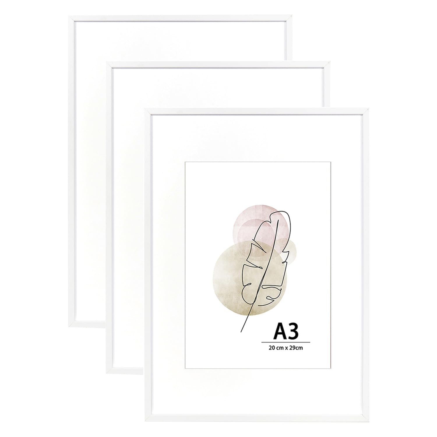 KAIWIN A3 Picture Frame White Set of 3, Wooden Poster Frame with white mat, 29.7x42 cm Picture Frames for Wall Mounting Display for Home, Office,Gallery,Holiday with Photos, Posters, Puzzles