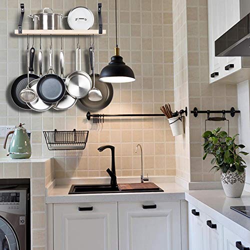 Soduku Pot Pan Rack with Solid Wood Shelf, Wall Mounted Multifunctional Kitchen Hanging Organizer with 8 Hooks for Pots Pans Lids Utensils Cookware Natural