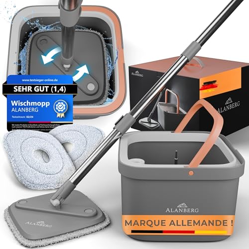Serpillière et Seau Essoreur – Système à 2 Compartiments avec 2 Tampons Microfibre, Balai Plat de Nettoyage Sol et Ménage, Mop de Sol Plat avec Seau de...