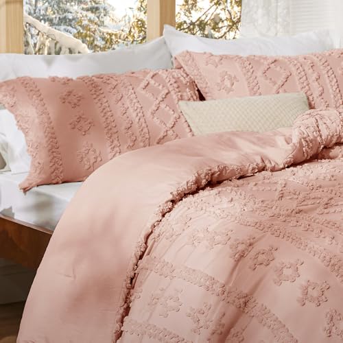 Image of Bedsure Tufted Boho Comforter Set Queen Size - Light Pink Boho Bed Set, GentleSoft 3 Pieces Farmhouse-Style Embroidery Bedding, Gifts for Woman, Soft Jacquard Kids' Queen Comforter for All Seasons