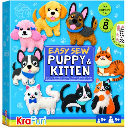 KRAFUN Easy Sewing Kit for Beginner Kids Arts & Crafts, 8 Easy DIY Projects of Stuffed Animal Dolls of Puppies & Kittens, Dogs and Cats, Instructions & Felt, Gift for Girls, Boys, Learn to Sew